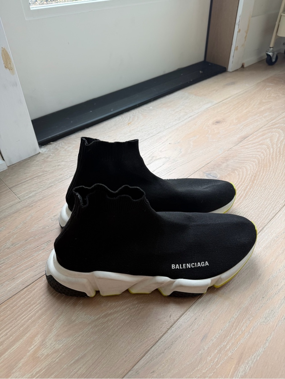Balenciaga Black Knit Sock Sneakers with White Sole and Yellow Accents